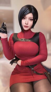 1girl absurdres ada_wong ada_wong_(cosplay) animated black_hair blurry blurry_background breasts capcom closed_mouth cosplay cosplay_photo female_focus harness highres holding indoors large_breasts long_sleeves looking_at_viewer photo_(medium) real_life red_sweater resident_evil resident_evil_4 resident_evil_4_(remake) ribbed_sweater solo sumire9144 sweater turtleneck turtleneck_sweater