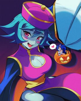 blue_hair breasts chinese_clothes cleavage darkstalkers dinoomar felicia_(darkstalkers) green_eyes halloween hat hsien-ko jack-o&#039;-lantern jiangshi large_breasts looking_at_viewer open_mouth purple_eyes smile