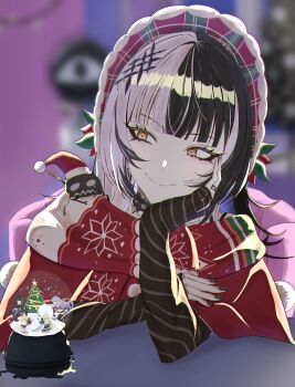 1girl absurdres arm_warmers black_hair christmas commentary_request dot_nose hair_ornament head_on_hand hermit_art9 highres hololive hololive_english multicolored_hair scarf shiori_novella smile two-tone_hair virtual_youtuber white_hair yellow_eyes yorick_(shiori_novella)