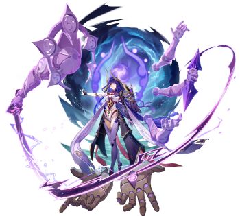 1girl absurdres arm_guards armor armored_leotard artist_request black_shoes blunt_bangs breasts closed_mouth doll_joints electricity energy_sword eyeshadow fake_horns floating_hair genshin_impact gloves hair_ornament high_heels highres holding holding_sword holding_weapon horns japanese_armor joints kusazuri leotard long_hair looking_at_viewer low-tied_long_hair makeup mechanical_arms mechanical_hands medium_breasts mitsudomoe_(shape) mole mole_under_eye multicolored_hair musou_isshin_(genshin_impact) official_art outstretched_arm purple_eyes purple_gloves purple_hair purple_leotard purple_thighhighs raiden_shogun raiden_shogun_(magatsu_mitake_narukami_no_mikoto) red_eyeshadow red_ribbon ribbon serious shoes shoulder_armor single_sode sode solo streaked_hair sword tassel tassel_hair_ornament thighhighs tomoe_(symbol) transparent_background very_long_hair weapon