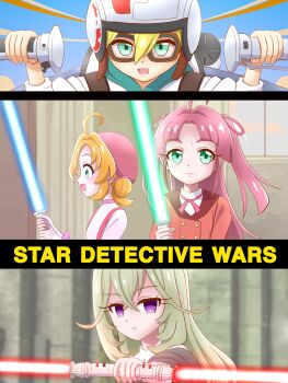 1boy 3girls ahoge aircraft akechi_anna antenna_hair black_dress blonde_hair blue_lightsaber bow cockpit commentary_request dress energy_sword goggles green_eyes green_lightsaber hair_bow hair_intakes hat highres hood hoodie jett_(human)_(precure) kamihoshi kobayashi_mikuru lightsaber long_hair looking_at_viewer mecha meitantei_precure! moria_luluka multiple_girls open_mouth pilot piloting pink_hair precure purple_eyes red_lightsaber robot scene_reference science_fiction shirt sitting smile star_wars star_wars:_the_phantom_menace sword weapon