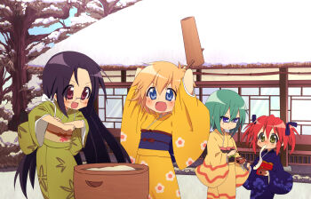 4girls arms_up black_hair blonde_hair blue_eyes blush bowl brown_eyes chopsticks commentary_request day eating food glasses green_eyes green_hair hair_ribbon highres holding holding_bowl holding_chopsticks holding_mallet iwasaki_minami japanese_clothes kimono kine kobayakawa_yutaka long_hair long_sleeves lucky_star mallet mochi mochi_trail mochitsuki multiple_girls new_year nikkezyoruno obi official_style open_mouth outdoors patricia_martin purple_eyes red_hair ribbon sash short_hair smile snow snow_on_tree sweat tamura_hiyori twintails very_long_hair wide_sleeves winter zouni_soup
