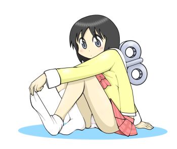 1girl a-king android arm_support black_eyes black_hair blush bow crotch_seam loli long_sleeves looking_down nichijou panties plaid_clothes plaid_skirt red_bow red_skirt removing_sock robot school_uniform shinonome_nano shirt short_hair sitting skirt socks underwear white_background white_panties white_socks winding_key yellow_shirt