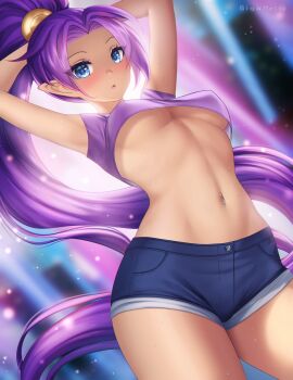 Rule 34 | 1girl, absurdly long hair, arms behind head, arms up, artist name, blue eyes, blush, breasts, commentary, covered erect nipples, cowboy shot, curtained hair, denim, denim shorts, embarrassed, english commentary, gigamessy, hair ornament, high ponytail, highres, light blush, long hair, looking at viewer, looking down, medium breasts, navel, navel piercing, no bra, piercing, pointy ears, ponytail, purple hair, purple shirt, revealing clothes, shantae, shantae (series), shirt, short shorts, short sleeves, shorts, solo, standing, stomach, surprised, sweat, underboob, upshirt, very long hair
