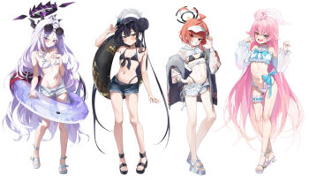 4girls absurdly_long_hair absurdres adjusting_clothes adjusting_eyewear adjusting_headwear ahoge alternate_costume arm_up bandaid bandaid_on_knee bandaid_on_leg bare_legs bare_shoulders bikini bikini_under_clothes black_bikini black_hair black_halo black_horns black_sandals black_shawl blue_archive blue_bow blue_eyes blush bow braid braided_bun breasts butterfly_hair_ornament cleavage cleavage_cutout closed_mouth clothing_cutout collarbone commentary crossed_bangs demon_girl demon_horns demon_wings denim denim_shorts detached_sleeves dot_nose double_bun dragon_print eyewear_on_head fang feet fingernails flat_chest floral_print frilled_panties frilled_shirt frilled_sleeves frilled_thigh_strap frills full_body furrowed_brow grey_eyes grey_halo grin hair_between_eyes hair_bun hair_ornament hair_over_shoulder half-closed_eyes halo hand_on_own_chest hand_on_own_hip hand_up hands_up hashtag-only_commentary heart_ring_strap heterochromia highleg highleg_bikini highleg_bikini_bottom highres hina_(blue_archive) holding holding_swim_ring horns hoshino_(blue_archive) huge_ahoge innertube jacket jewelry kisaki_(blue_archive) loli long_hair long_sleeves looking_at_viewer multiple_girls multiple_horns navel necklace neru_(blue_archive) off_shoulder open_clothes open_mouth open_shorts panties parted_lips pink_hair pink_halo print_innertube purple_eyes red_eyes red_hair rosu_1109 sandals see-through_clothes see-through_sleeves shawl shirt short_hair short_shorts shorts simple_background single_braid small_breasts smile standing stomach sunglasses sunglasses_on_head swim_ring swimsuit thigh_strap thighs tilted_head toenails toes torn_clothes torn_shorts twintails underwear very_long_hair visor_cap white_background white_bikini white_hair white_jacket white_panties white_sandals white_shorts white_sleeves white_visor wings yellow_eyes