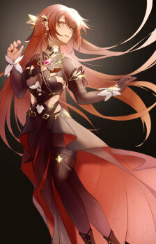 1girl absurdres akashin black_background black_dress black_gloves black_pantyhose breasts cleavage_cutout clothing_cutout commentary_request dress earrings eden_(honkai_impact) gloves highres honkai_(series) honkai_impact_3rd jewelry large_breasts long_hair musical_note pantyhose side_cutout simple_background single_glove solo very_long_hair yellow_eyes