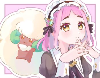 Rule 34 | 1girl, black dress, brown eyes, closed mouth, dress, gen 5 pokemon, hair ornament, hairclip, highres, interlocked fingers, juliet sleeves, lacey (fall 2025) (pokemon), lacey (pokemon), long sleeves, looking at viewer, maid, maid headdress, nendo 0603, nintendo, official alternate costume, pink hair, pokemon, pokemon (creature), pokemon masters ex, puffy sleeves, short hair, smile, whimsicott