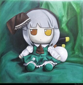 1girl absurdres ascot black_ascot black_hairband brown_eyes closed_mouth commentary english_commentary full_body fumo_(doll) green_skirt grey_hair hairband highres konpaku_youmu long_sleeves looking_at_viewer marina_killer_red painting_(medium) short_hair signature skirt solo sword touhou traditional_media weapon