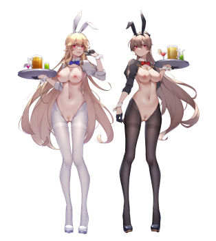 2girls absurdres alternate_costume animal_ears arm_cutout arm_up azur_lane black_footwear black_gloves black_pantyhose blonde_hair blue_bow blue_bowtie blush bow bowtie breasts brown_hair cleavage clothing_cutout commentary_request detached_collar earrings fake_animal_ears female_pubic_hair gloves gluteal_fold hair_between_eyes half_gloves high_heels high_ponytail highres holding holding_tray jean_bart_(azur_lane) jewelry large_breasts long_hair multiple_girls navel nipples pantyhose ponytail pubic_hair pussy rabbit_ears red_bow red_bowtie red_eyes reverse_bunnysuit reverse_outfit richelieu_(azur_lane) simple_background strapless thigh_gap thighband_pantyhose tray v white_background white_footwear white_pantyhose wrist_cuffs wsfw