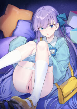 1girl bag blue_eyes blue_ribbon blue_shirt blush breasts censored coffeekite commentary_request fate/grand_order fate_(series) hair_ribbon highres kindergarten_uniform kneehighs knees_up long_hair long_sleeves looking_at_viewer meltryllis_(fate) name_tag open_mouth purple_hair pussy ribbon shirt shoes shoulder_bag sitting small_breasts socks solo spring_(object) very_long_hair white_socks yellow_shoes