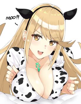 1girl animal_print bed bed_sheet blonde_hair blush breast_suppress breasts chest_jewel cleavage covered_erect_nipples cow_girl cow_print female_focus gem hair_ornament headpiece highres horns j@ck jewelry large_breasts long_hair looking_at_viewer matching_hair/eyes mythra_(xenoblade) nipples open_mouth simple_background single_horn smile solo swept_bangs swimsuit tiara very_long_hair white_background xenoblade_chronicles_(series) xenoblade_chronicles_2 yellow_eyes