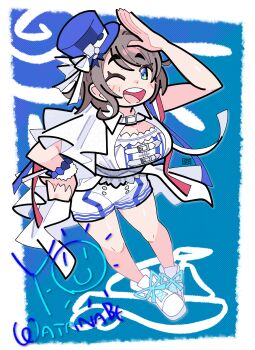 Rule 34 | 1girl, absurdres, arm up, armlet, beginners sailing, belt, belt buckle, blue background, blue eyes, blue hat, blue ribbon, blush, border, bourbunbun, bracelet, breasts, brown hair, buckle, capelet, character logo, character name, character signature, choker, cleavage, collar, commission, dot nose, frills, glitter, grey hair, hat, head tilt, highres, jewelry, large breasts, looking at viewer, love live!, love live! sunshine!!, official alternate costume, one eye closed, open mouth, red ribbon, ribbon, salute, scrunchie, shoes, short hair, short sleeves, shorts, signature, simple background, skirt, sleeveless, smile, sneakers, solo, sparkle, striped clothes, striped shorts, teeth, thighs, top hat, totsuzen girl, upper teeth only, watanabe you, wavy hair, white background, white border, white ribbon, white shoes, wrist scrunchie