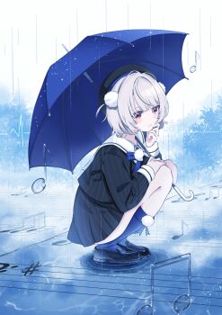 Rule 34 | 1girl, absurdres, beret, black hat, black jacket, black shoes, black skirt, blue bow, blue bowtie, blue socks, blunt bangs, bow, bowtie, closed mouth, commentary, english commentary, full body, grey hair, hair ornament, hat, highres, holding, holding umbrella, jacket, loafers, long sleeves, looking at viewer, musical note, musical staff, niharai, pinstripe jacket, pinstripe pattern, pinstripe skirt, pleated skirt, pom pom (clothes), pom pom brooch, pom pom hair ornament, rain, red eyes, sailor collar, shoes, short hair, skirt, sleeve cuffs, socks, solo, squatting, ui (voisona), umbrella, voisona, white sailor collar