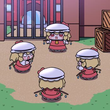 4girls blonde_hair chibi clone crystal_wings flandre_scarlet group_picture hat highres meme mob_cap multiple_girls pointing_spider-man_(meme) red_eyes red_shirt red_skirt shirt skirt standing touhou white_hat wings y75zei