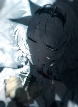 1girl anby_demara anby_demara_(silver_soldier) black_hairband bleeding blood braid braided_sidelocks grey_hair hair_wagging hairband highres hosun looking_at_viewer official_alternate_costume one_eye_closed orange_eyes shade shadow short_hair solo_focus torn_clothes white_hair zenless_zone_zero