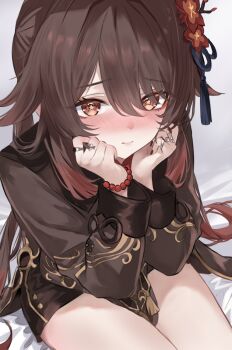 1girl bead_bracelet beads black_nails blush bracelet brown_hair chinese_clothes cobra_(cobra_63) eyeliner flower flower-shaped_pupils genshin_impact hair_between_eyes hand_on_own_cheek hand_on_own_face hands_on_own_face hat highres hu_tao_(genshin_impact) jewelry long_hair long_sleeves looking_at_viewer makeup no_headwear plum_blossoms red_eyes ring symbol-shaped_pupils thighs twintails white_background