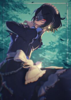 1girl absurdres apron black_dress black_hair blurry blurry_foreground commentary dress earrings feathers glowing hayami_kanade highres idolmaster idolmaster_cinderella_girls jewelry jojo_(ed1657) long_hair looking_at_viewer looking_to_the_side maid maid_headdress red_eyes solo symbol-only_commentary waist_apron white_apron