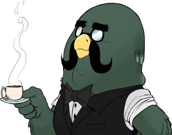 Rule 34 | 1boy, animal crossing, bird, bow, bowtie, brewster (animal crossing), butler, cup, facial hair, feathers, glasses, green feathers, highres, holding, male focus, mustache, nintendo, pigeon, rolled sleeves, saucer, teacup, teevo
