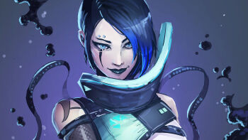 1girl apex_legends black_hair black_lips blue_bodysuit blue_eyes blue_hair bodysuit cable catalyst_(apex_legends) clothing_cutout eyebrow_piercing face_piercing hair_behind_ear highres liquid looking_at_viewer multicolored_hair piercing portrait shoulder_cutout smile solo soratobukameee streaked_hair