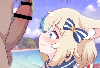 ! 1boy 1girl anger_vein animal_ear_fluff animal_ears animated bar_censor beach blonde_hair blue_bow blue_eyes blue_hair blue_sailor_collar bow cat_ears censored closed_mouth clothed_female_nude_male commentary constricted_pupils dress english_commentary english_text fang flying_sweatdrops frilled_sailor_collar frills from_side hair_bow hand_on_another&#039;s_head hetero indie_virtual_youtuber kurotofu lifebuoy_hair_ornament loli long_hair looking_at_penis low_twintails multicolored_hair nude open_mouth outdoors penis penis_awe penis_on_face rottenduck sailor_collar sailor_dress sameko_saba skin_fang sound_effects speech_bubble spoken_exclamation_mark streaked_hair sweat tagme tearing_up tears testicles twintails ugoira video virtual_youtuber white_dress