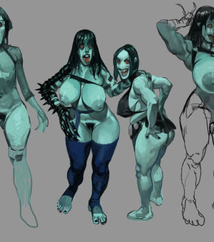 1girl barefoot black_hair breasts breasts_apart choppy_bangs covered_erect_nipples female_pubic_hair huge_breasts inverted_nipples krokedrilo large_breasts long_hair monster_girl muscular muscular_female nipples orange_eyes original pubic_hair puffy_nipples pussy red_eyes sketch skindentation thick_thighs thighs