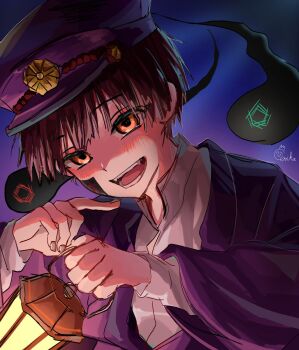 1boy blush brown_hair eerika1114 hat highres hitodama holding holding_lantern jacket jibaku_shounen_hanako-kun lantern long_sleeves looking_at_viewer male_focus open_mouth orange_eyes purple_jacket shirt short_hair smile solo teeth upper_body white_shirt yugi_tsukasa