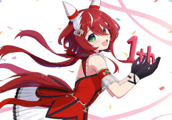 1girl absurdres animal_ears black_gloves blush bow breasts commentary_request confetti dress ear_covers ear_ornament feather_hair_ornament feathers gloves green_eyes hair_between_eyes hair_bow hair_ornament highres horse_ears horse_girl horse_tail long_hair looking_at_viewer low_twintails mugi_mg317 open_mouth red_bow red_dress red_hair small_breasts smile solo streamers tail teeth twintails umamusume upper_teeth_only win_variation_(dramatic_tutu)_(umamusume) win_variation_(umamusume)