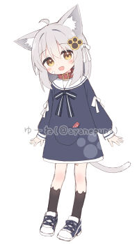 1girl ahoge animal_ear_fluff animal_ears artist_name bandaid bandaid_on_leg cat_ears cat_girl cat_tail collar dress fang full_body grey_hair hair_ornament highres long_sleeves original sailor_dress shoes simple_background solo tail twitter_username watermark white_background yuune_(ayanepuna)