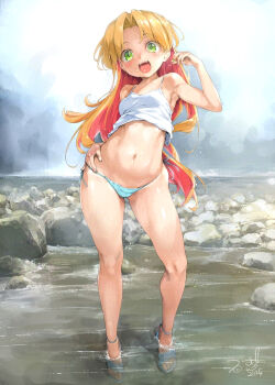 1girl bare_shoulders bikini bikini_bottom_only blue_bikini breasts crop_top full_body green_eyes ishikei long_hair looking_at_viewer midriff navel open_mouth original outdoors riverbank ruri_no_houseki sandals shiny_skin side-tie_bikini_bottom skindentation sleeveless small_breasts smile solo spaghetti_strap standing swimsuit tanigawa_ruri thighs wide_hips