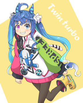 1girl @_@ ahoge animal_ears animal_hood aqua_hair black_jacket black_pantyhose blue_eyes blue_hair blunt_ends blush boots character_name clothes_writing commentary_request crossed_bangs gradient_hair green_hair green_sleeves grin haniwa_(leaf_garden) heterochromia highres hood hood_down hooded_jacket horse_ears horse_girl horse_tail jacket long_hair long_sidelocks long_sleeves multicolored_hair multicolored_jacket pantyhose pink_sleeves purple_eyes rabbit_hood raglan_sleeves sharp_teeth sidelocks smile solo stuffed_animal stuffed_rabbit stuffed_toy tail teeth twin_turbo_(blast_mode!_turbo_engine)_(umamusume) twin_turbo_(umamusume) twintails umamusume v-shaped_eyebrows very_long_hair walking white_jacket yellow_boots