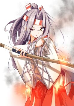 Rule 34 | 1girl, absurdres, bow (weapon), burnt clothes, commentary request, fire, grey hair, hachimaki, hakama, headband, highres, holding, holding weapon, japanese clothes, kantai collection, long hair, long sleeves, one eye closed, parted lips, ponytail, red hakama, simple background, smoke, solo, tastas, torn clothes, weapon, white background, wide sleeves, zuihou (kancolle)