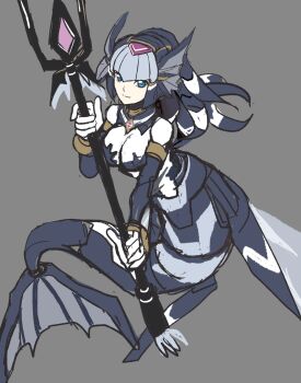 1girl blue_eyes breasts cleavage fairy_leviathan_(mega_man) fins grey_background head_fins highres holding holding_polearm holding_weapon long_hair looking_at_viewer mecha_musume medium_breasts mermaid monster_girl monsterification polearm raica_(khongbautroi) simple_background sketch solo trident weapon