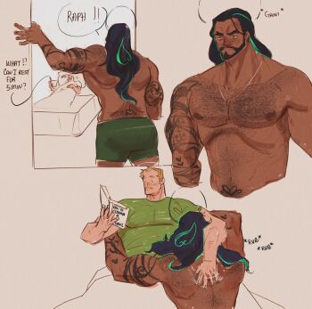 2boys bara beard blonde_hair caressing couple cropped_torso cuddling facial_hair full_beard gab_(skitsoepic) hairy heart heart_tattoo highres interracial large_pectorals long_hair male_focus mature_male multiple_boys multiple_views muscular muscular_male mustache_stubble navel navel_hair nipples original pectorals raph_(skitsoepic) reading skitsoepic standing stomach stubble tattoo thick_back_hair thick_chest_hair thick_eyebrows topless_male tsurime yaoi