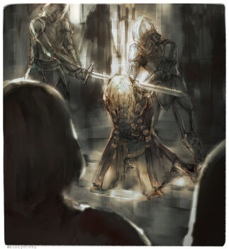 armor arms_behind_back blonde_hair bob_cut breastplate chagall coat dark eldigan_(fire_emblem) execution executioner&#039;s_sword fire_emblem fire_emblem:_genealogy_of_the_holy_war full_armor full_body gauntlets head_down helm helmet holding holding_sword holding_weapon imminent_death kneeling knight long_hair lucia_(biblyoteka) male_focus medium_hair nintendo pants pauldrons plate_armor scene_reference shoulder_armor spoilers standing sword two-handed_sword weapon white_pants