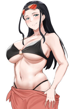 1girl absurdres armpit_crease bikini black_bikini black_hair blue_eyes breasts cleavage closed_mouth collarbone commentary_request eyewear_on_head forehead highres kiru_(bsesso) large_breasts looking_at_viewer navel nico_robin one_piece red-tinted_eyewear sarong simple_background smile solo stomach sunglasses swimsuit tinted_eyewear white_background