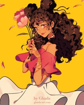 1girl afro_puffs artist_name blonde_hair bracelet brown_hair choker collarbone commentary curly_hair dark-skinned_female dark_skin double_bun earrings english_commentary face_piercing flower from_side ghada_(wan) hair_behind_ear hair_bun henna highres holding holding_flower hoop_earrings jewelry long_hair looking_at_viewer nail_polish nose_piercing off-shoulder_shirt off_shoulder original peony_(flower) piercing pink_eyes pink_flower pink_nails pink_shirt ring shirt skirt smile solo watermark web_address white_choker white_skirt