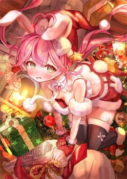 1girl animal_ears blush boots box breasts candy candy_cane christmas christmas_ornaments christmas_tree commentary_request food fur_trim gift gift_box gloves hair_ornament hat highres indie_virtual_youtuber long_hair looking_at_viewer mochizuki_nako official_art pink_hair rabbit_ears rachip santa_costume santa_hat solo star_(symbol) star_hair_ornament tears thighhighs twintails watermark yellow_eyes