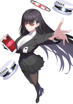 1girl absurdres black_hair black_halo black_pantyhose black_shoes blue_archive breasts bright_pupils english_text error_message full_body hair_ornament hairclip halo highres holding holding_tablet_pc kurosaki_saya large_breasts long_hair looking_at_viewer millennium_science_school_logo mixed-language_commentary multicolored_halo outstretched_arm pantyhose red_eyes ringed_eyes rio_(blue_archive) shoes solo sweater tablet_pc turtleneck turtleneck_sweater two-tone_halo very_long_hair white_pupils white_sweater