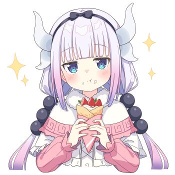 1girl :t black_bow blue_eyes blunt_bangs bow capelet chinese_commentary closed_mouth commentary_request crepe eating food food_on_face fur-trimmed_capelet fur_trim gradient_hair hair_bobbles hair_bow hair_ornament highres holding holding_food horns jitome kanna_kamui kobayashi-san_chi_no_maidragon light_blush long_hair looking_at_viewer multicolored_hair pink_hair setteiset sidelocks simple_background solo sparkle twintails two-tone_hair upper_body white_background white_capelet white_hair