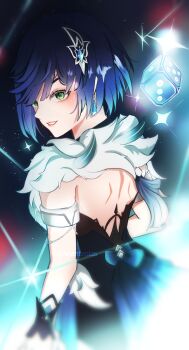 1girl absurdres ananteolas back backless_dress backless_outfit black_gloves blue_background blue_hair blue_sky breasts dice dress ear_piercing earrings eyeshadow feathers fur_trim genshin_impact gloves green_eyes highres jewelry large_breasts lipstick looking_at_viewer makeup night piercing pink_eyeshadow pink_lips shooting_star short_hair sky smile solo sparkle standing star_(sky) string teeth yelan_(genshin_impact) yelan_(tranquil_banquet)_(genshin_impact)