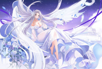 Rule 34 | 1girl, absurdres, azur lane, baige chen, bare shoulders, barefoot, blue background, blue eyes, blue flower, blue rose, blush, breasts, butterfly hair ornament, chinese commentary, cleavage, closed mouth, collarbone, commentary request, covered navel, curtained hair, detached sleeves, dress, falling petals, feathered wings, feet, floating hair, flower, forehead, glint, gradient background, hair ornament, highres, large breasts, legs, long dress, long hair, long sleeves, looking at viewer, official alternate costume, oversized wings, parted bangs, petals, purple background, rose, see-through clothes, see-through dress, sitting, smile, solo, sparkle, thighs, very long hair, wedding dress, white flower, white hair, white rose, white wings, wings, yorktown (azur lane), yorktown (towards tomorrow's brilliant breeze) (azur lane), yorktown ii (azur lane)