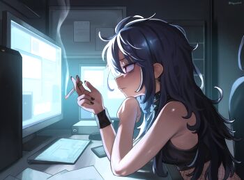 1girl absurdres at_computer bags_under_eyes black_nails blue_hair breasts cigarette commentary computer computer_keyboard computer_mouse computer_tower elbows_on_table english_commentary fingernails fishnets from_side hepari highres indoors long_fingernails long_hair medium_breasts messy_hair monitor multiple_monitors nail_polish original paper parted_lips profile red_eyes sideways_mouth smoke smoking solo teeth twitter_username very_long_hair wristband