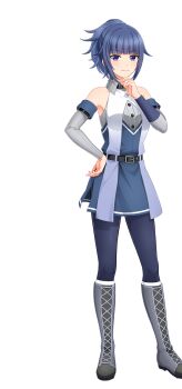 Rule 34 | 1girl, artist request, baseball uniform, belt, black belt, black boots, blue dress, blue hair, blue pantyhose, boots, cinderella series, closed mouth, detached sleeves, dress, grey dress, hachigatsu no cinderella nine, hand on own chin, hand on own hip, high ponytail, highres, looking at viewer, multicolored dress, official art, pantyhose, ponytail, purple eyes, sagara yoshino, sleeveless, sleeveless dress, solo, sportswear, transparent background, white dress