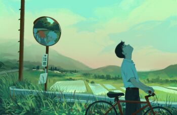 Rule 34 | 2boys, 2girls, ayanami rei, bicycle, black pants, blue hair, grass, green theme, guard rail, ikari shinji, looking up, mountain, multiple boys, multiple girls, nagisa kaworu, neon genesis evangelion, pants, poxeii, red hair, rice paddy, rural, school uniform, shirt, sky, souryuu asuka langley, traffic mirror, utility pole, white hair, white shirt