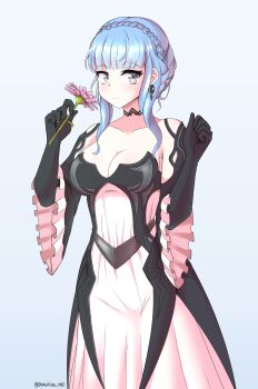 1girl absurdres alternate_costume black_choker black_dress black_gloves blue_hair braid breasts brown_eyes choker cleavage collarbone cosplay costume_switch dress earrings eir_(fire_emblem) eir_(fire_emblem)_(cosplay) fire_emblem fire_emblem:_three_houses fire_emblem_heroes flower frilled_sleeves frills gloves highres jarckius jewelry large_breasts long_hair long_sleeves marianne_von_edmund nintendo white_dress