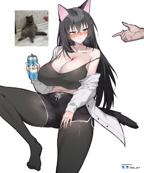1girl :3 absurdres animal_ears artist_name beer_can black_pantyhose blush breasts brown_eyes can cat_ears cat_girl cat_tail drink_can highres large_breasts long_hair nisp_art original pantyhose personification photo-referenced photo_inset tail white_background