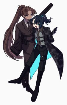 2boys belt black_belt black_boots black_coat black_jacket boots brown_hair chest_harness coat dagger full-stop_office_(identity)_(project_moon) full_body grey_shirt gun harness hashtag-only_commentary heathcliff_(project_moon) high_ponytail highres holding holding_dagger holding_gun holding_knife holding_weapon hong_lu_(project_moon) jacket knife lapels limbus_company long_hair looking_at_viewer male_focus multiple_boys nantekottawo!! notched_lapels open_mouth parted_bangs ponytail pouch project_moon purple_eyes shirt simple_background smile thigh_strap very_long_hair weapon white_background