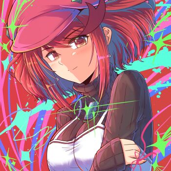 1girl black_sweater cat_with_a_brush chest_jewel commentary_request earrings glint hat highres jewelry pink_hat pyra_(xenoblade) red_background red_eyes red_hair short_hair solo sparkle sweater upper_body xenoblade_chronicles_(series) xenoblade_chronicles_2
