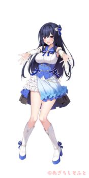 1girl :d akebi_saki amaemi-longing_for_you- bare_shoulders blue_bow blue_bowtie blue_collar blue_corset blue_hair blue_ribbon blue_skirt blush boots bow bowtie breasts bridal_gauntlets collar copyright_notice corset frilled_skirt frills full_body hair_ribbon high_heel_boots high_heels knee_boots large_breasts long_hair looking_at_viewer official_art open_mouth oryo_(oryo04) reaching reaching_towards_viewer red_eyes ribbon shirt simple_background skirt sleeveless sleeveless_shirt smile solo standing tachi-e white_background white_boots white_bridal_gauntlets white_shirt white_skirt