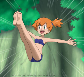 1girl ahoge armpits artist_name ass barefoot bikini blue_bikini collarbone day emphasis_lines eyelashes fankifalu feet female_focus full_body green_eyes gym_leader hair_ornament happy highres jumping kneepits legs legs_together legs_up looking_up medium_hair midriff misty_(pokemon) nature navel neck nintendo official_alternate_costume open_hand open_mouth orange_hair outdoors outstretched_arms pokemon pokemon_(anime) pokemon_sm_(anime) scene_reference side_ponytail sidelocks smile soles spiked_hair stomach strapless strapless_bikini summer swimsuit toes tomboy